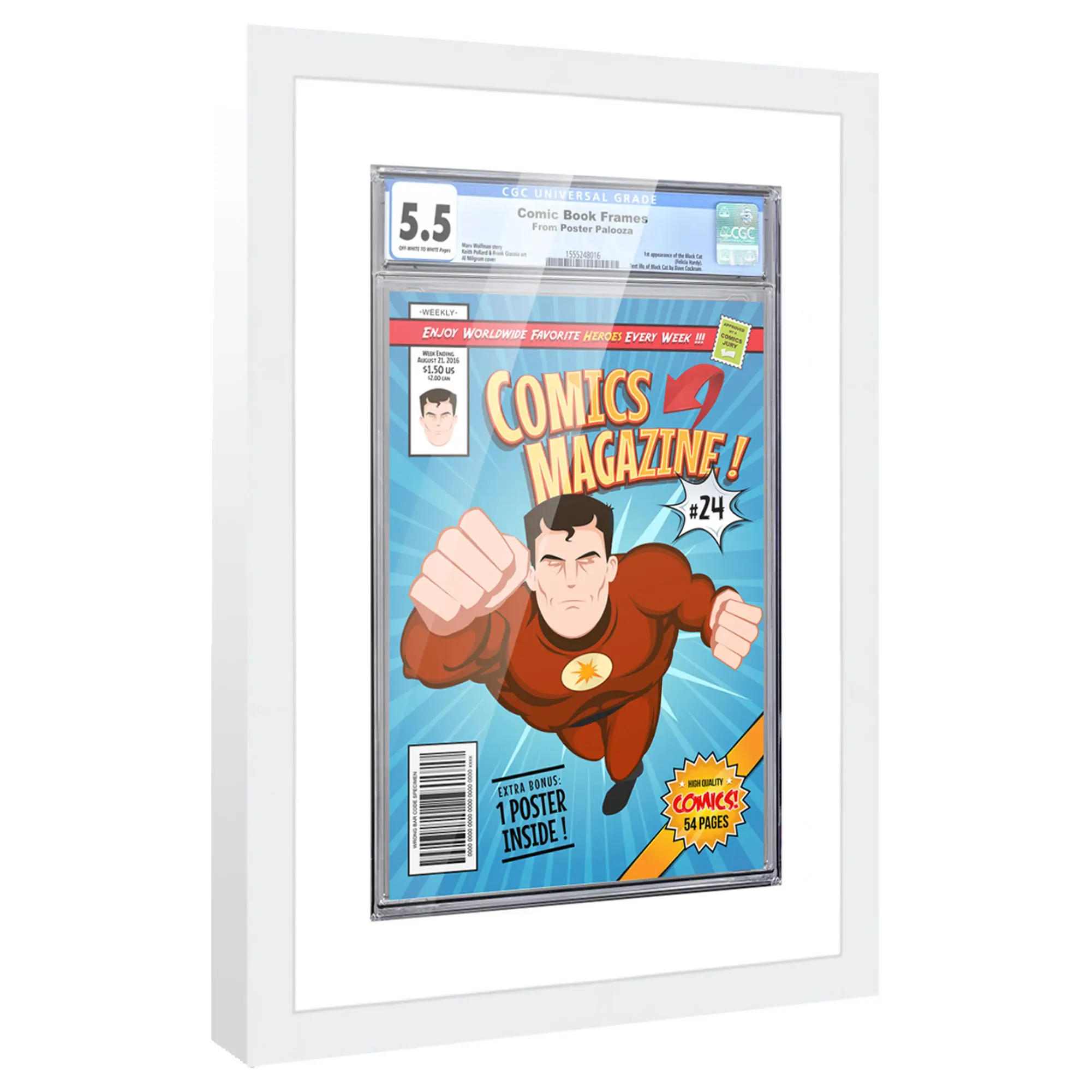 Comic Book Frame with Mat for 1 Graded Comic - White Wood Comic Frame With White Mat for 8.125x13 Comic - 12x17 Frame Size