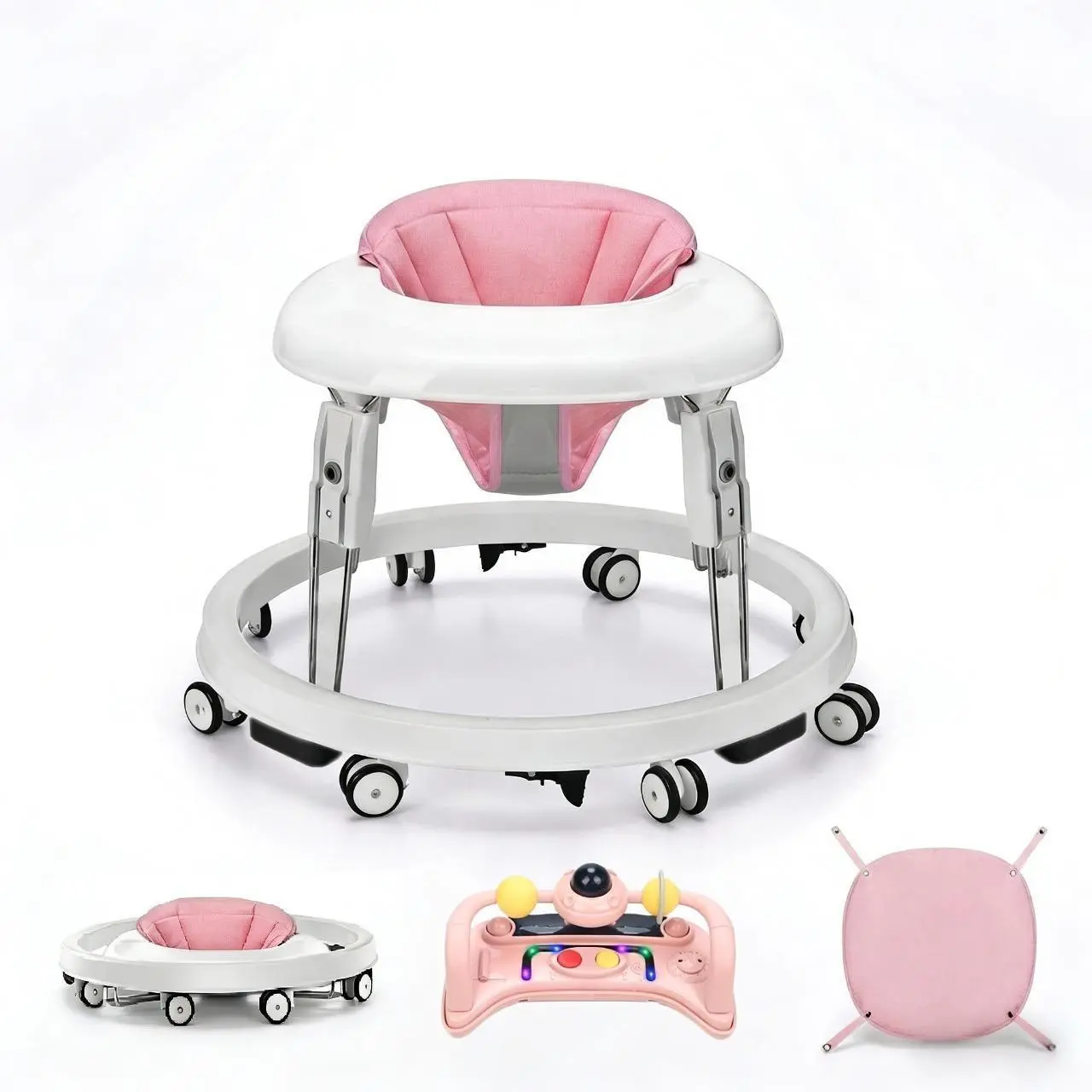 1-Touch Foldable Anti Fall Baby Walker, 7 Adjustable Heights, Portable Design, Anti-Rollover, Music Toy, Footpad, Activity Center for Infants, Baby Furniture, Anti Fall Walker