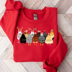 Cute Christmas Chickens Sweatshirt, Funny Farm Animal Holiday Crewneck, Festive Hen and Rooster Christmas Sweater, Women’s Farmhouse Xmas Gift