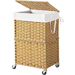 90L Slim Laundry Hamper with Wheels, Rolling Laundry Basket with Lid and Renovable Liner Bag, Handwoven Rattan Organizer for bedroom,, laundry room (Yellow)