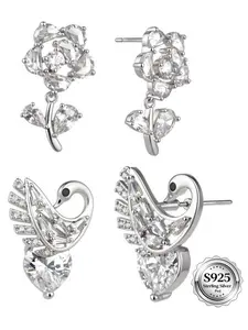 1 Pairs 925 Sterling Silver Stud Earrings Set for Women, Hypoallergenic Flower and Swan Earrings, Sparkly Cubic Zirconia Jewelry Gift for Sensitive Ears