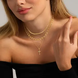 Pancert Gold Cross Necklace Set for Women 3PCS Layered Flat Mariner & Paperclip Chains Hypoallergenic 14k Gold Plated CZ Pendant Elegant Design Gift