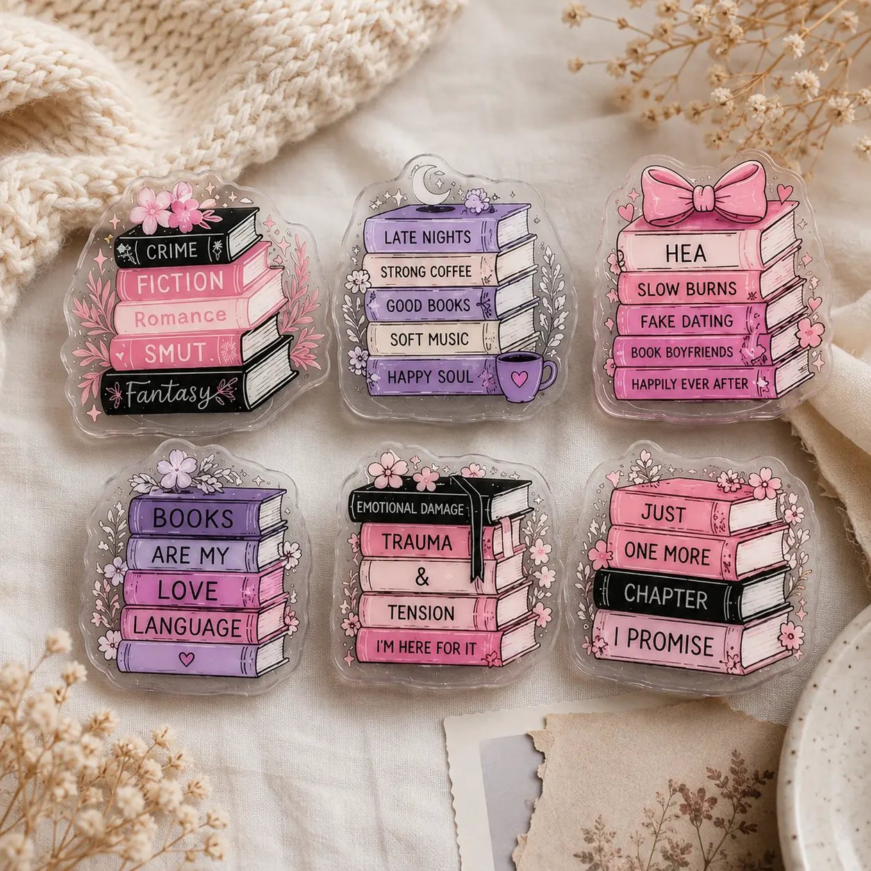 Book Stack Phone Grip for MagSafe Cute Book Lover Kindle Grip Romance Fantasy Reader Phone Holder Stand Pink Purple Reading Gift