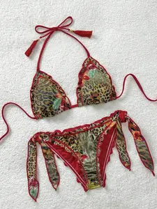 Soleia Summer Vacation Outfit Plus Size Women Vintage Colorful Leopard Zebra Floral Print Frill Tie Front Tassel Decor Beach Bikini Set Sexy Beachwear