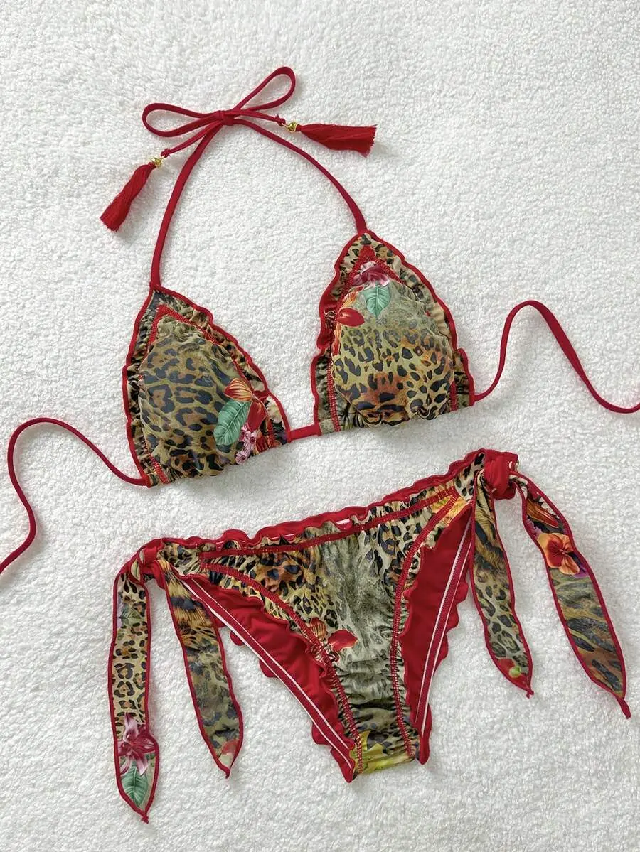 Soleia Summer Vacation Outfit Plus Size Women Vintage Colorful Leopard Zebra Floral Print Frill Tie Front Tassel Decor Beach Bikini Set Sexy Beachwear