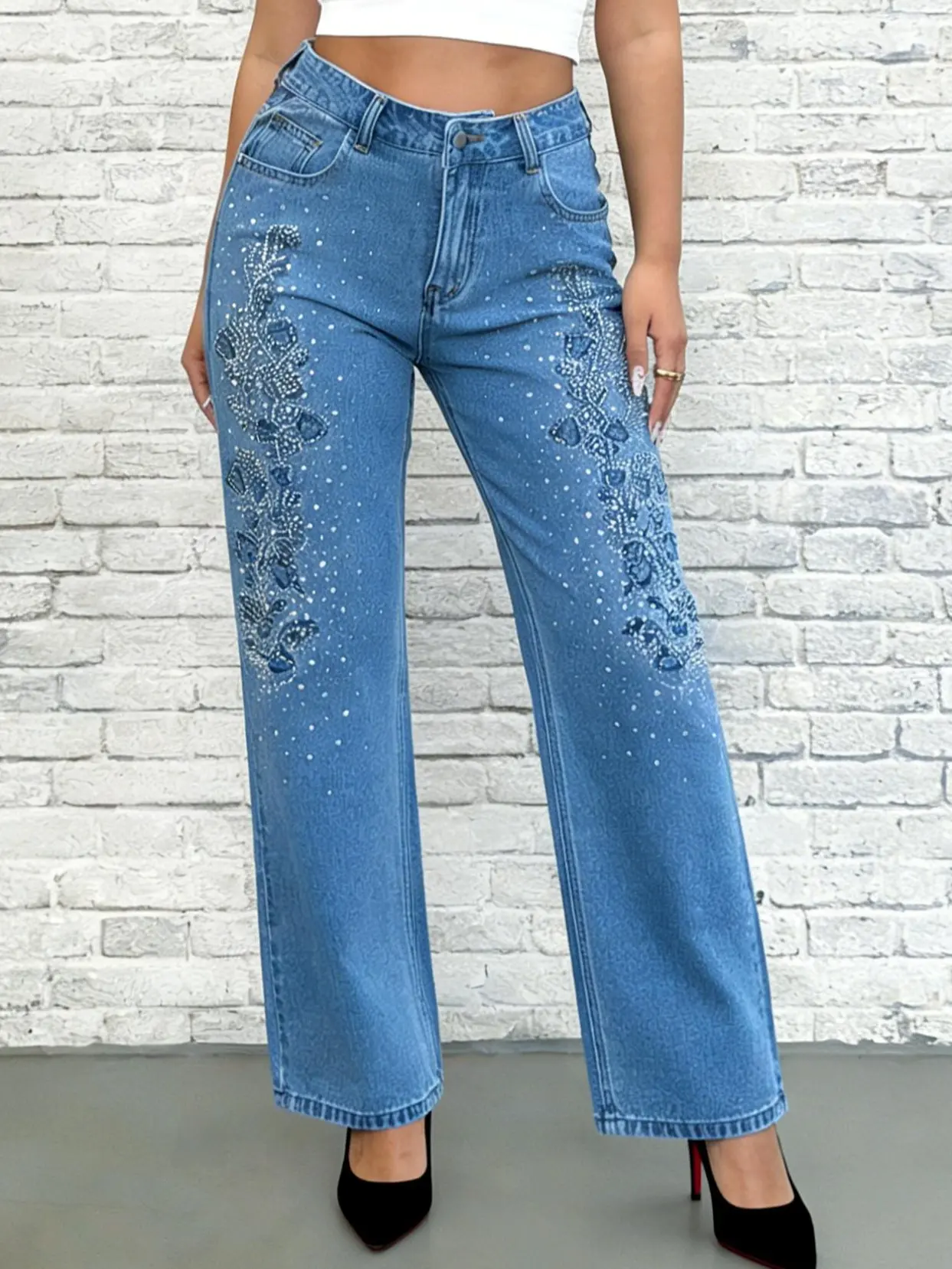 Women's High-Waist Straight-Leg Rhinestone Jeans - Elegant Blue Embroidery, Loose Comfortable Trouser for Fashionable Wear, Lady, Regular-Leg Trousers, Halloween, Bedazzled Jeans, Thanksgiving, Rhinestones