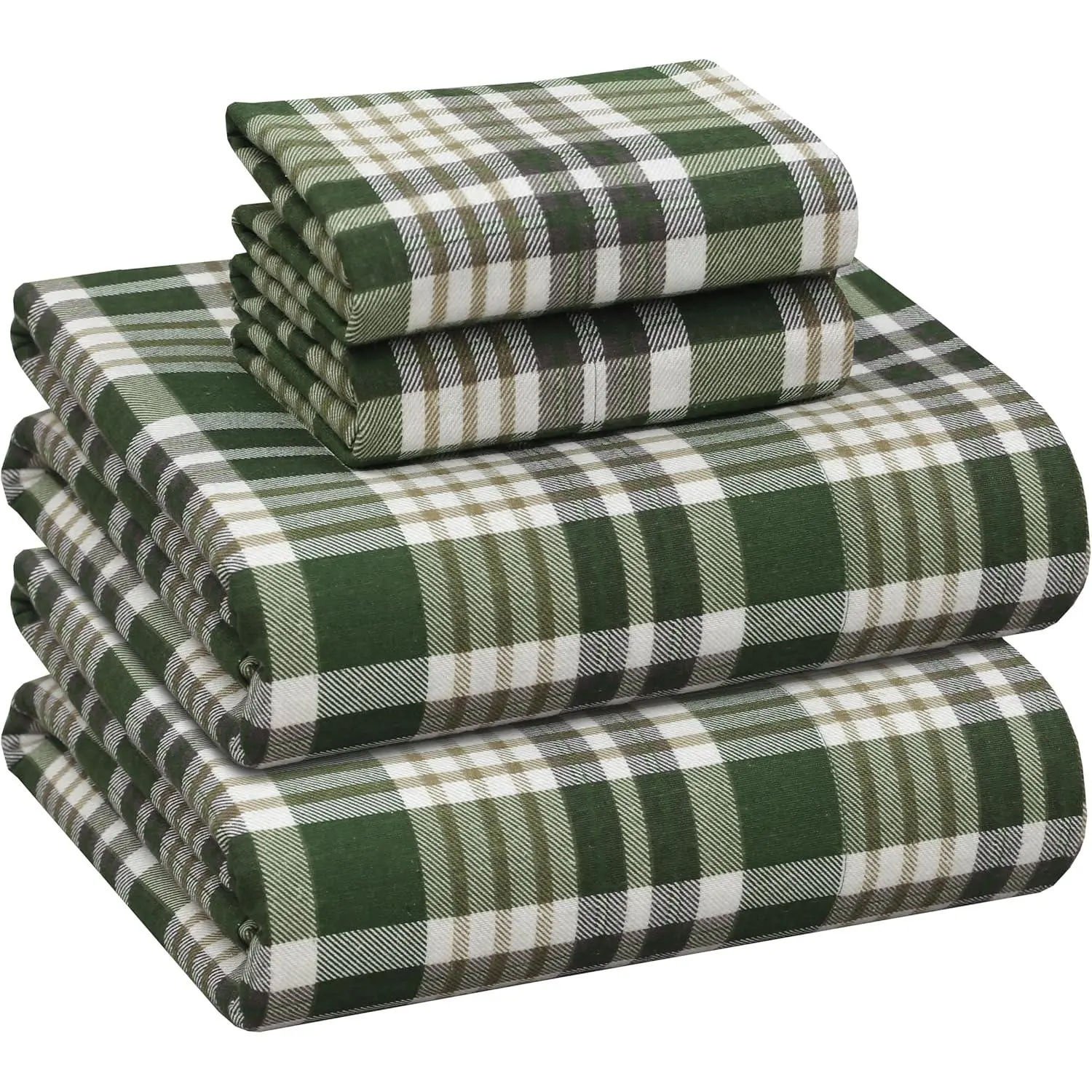 100% Flannel Twin XL 4-Piece Sheet Set - OEKO-TEX Certified, Plaid Olive Brown Bedding, Double Brushed Soft Finish, 16-in Deep Pockets, Fully Elasticized, Breathable, Fade Resistant, All-Season Cozy Warmth, Four Pieces