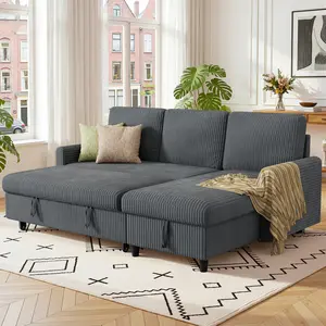Walsunny Classic Convertible Sleeper Sofa, Pull Out Couch with Storage, 77" L-Shaped Sofa Bed with Storage Chaise Corduroy Fabric for Living Room, Apartment, Small Space
