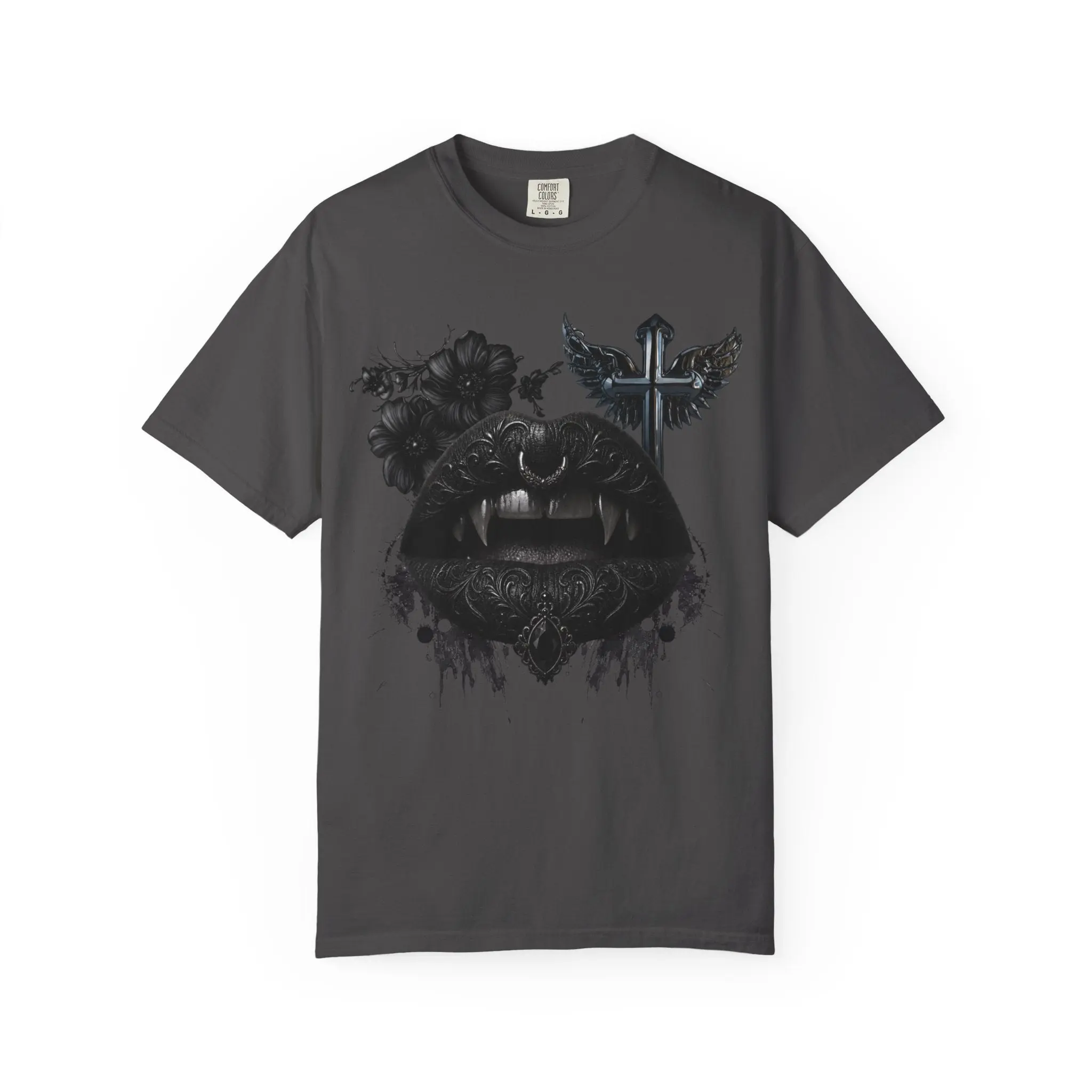 Women's Casual Soft Cotton Streetwear Tee - Comfortable Fabric, Vampire Black Lips and Fangs Graphic, Gothic Dark Aesthetic, Floral Print Fitted T-Shirt