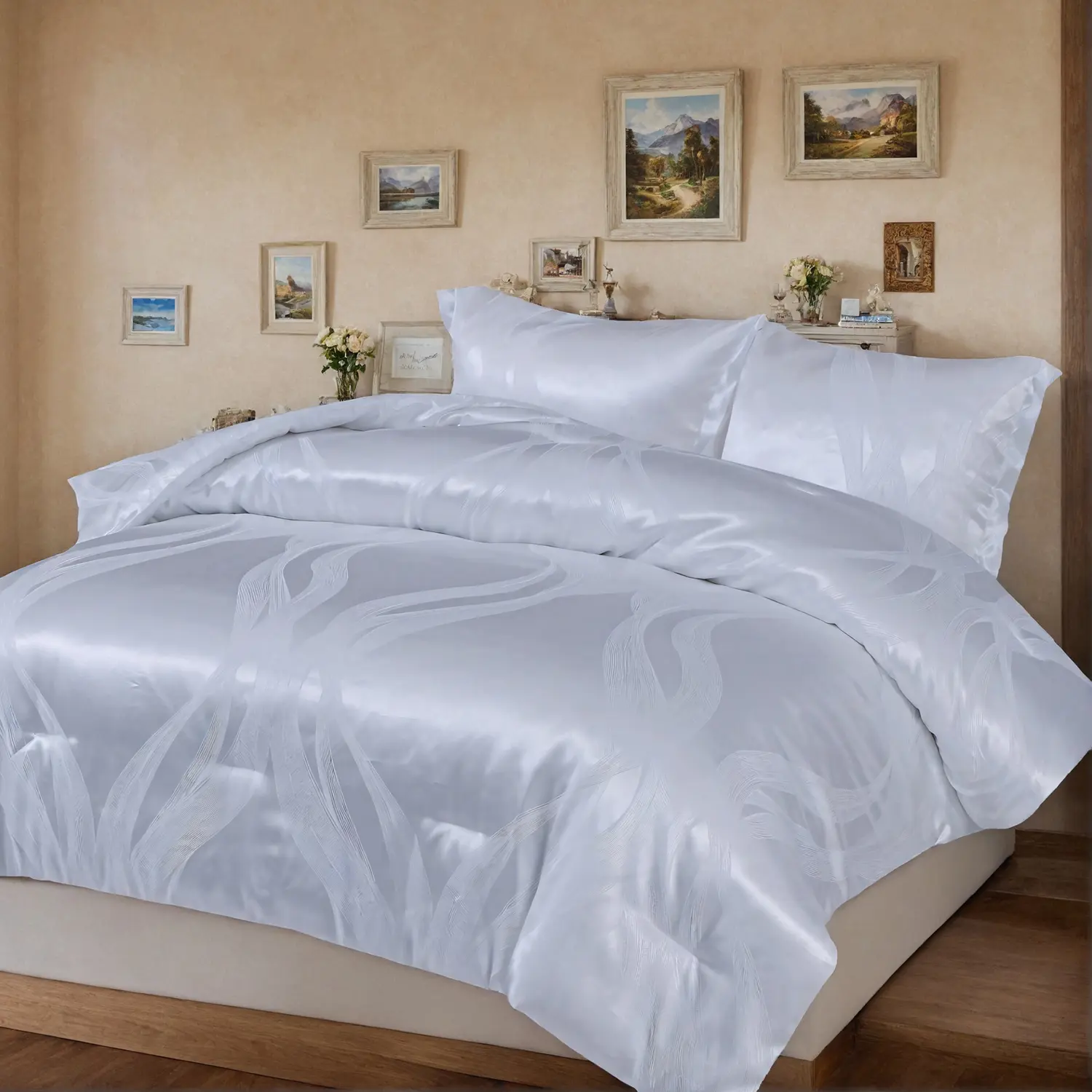 luxury satin microfiber bedding set, double-sided jacquard pattern, machine washable, OKO-100 certified, shipped by Amazon Logistics