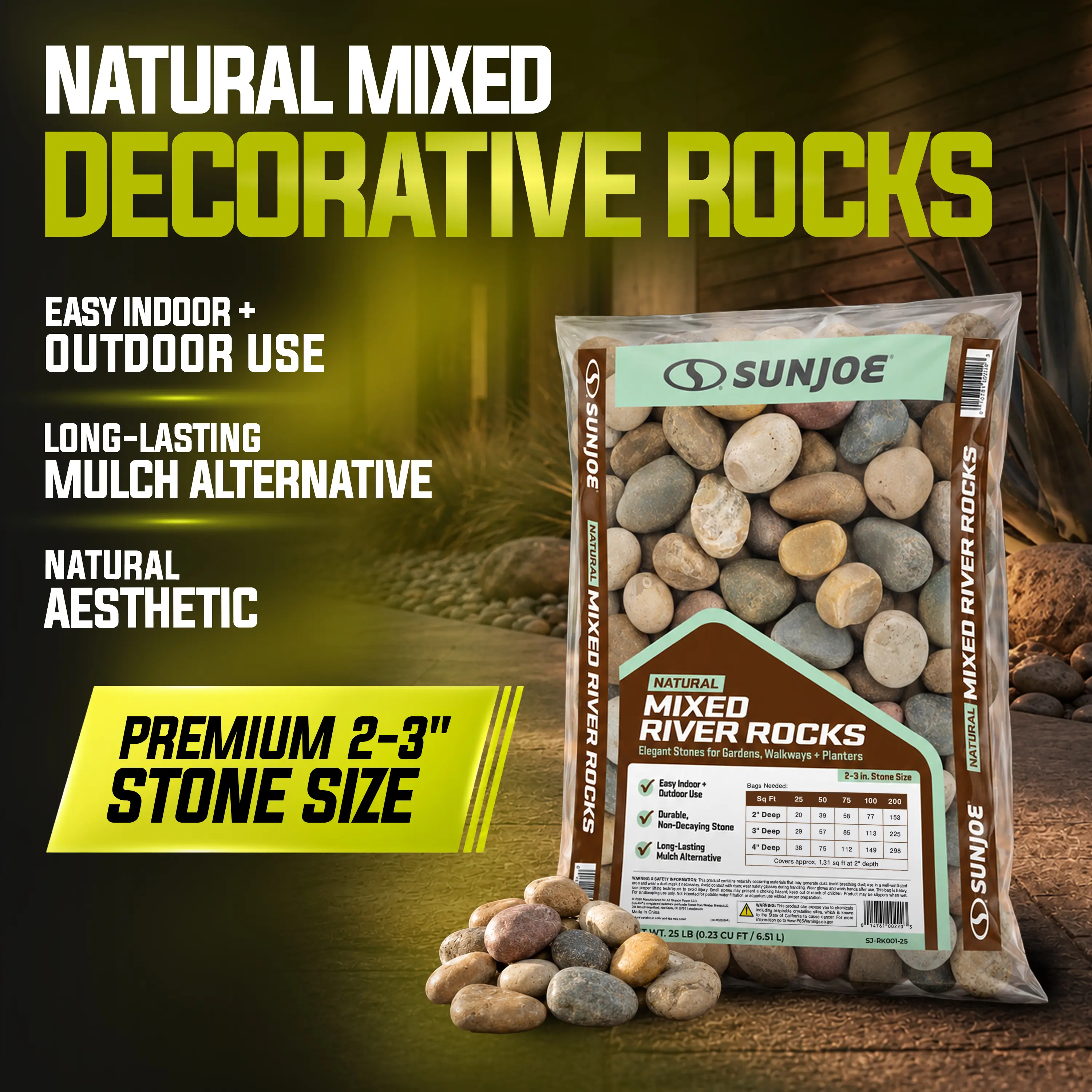 Sun Joe Natural Mixed Decorative River Rocks - Natural Stone, 2-3 In. Size, Bagged Pack, Both Uses for Mulch Alt. & Pathway Rock, Weather Worn