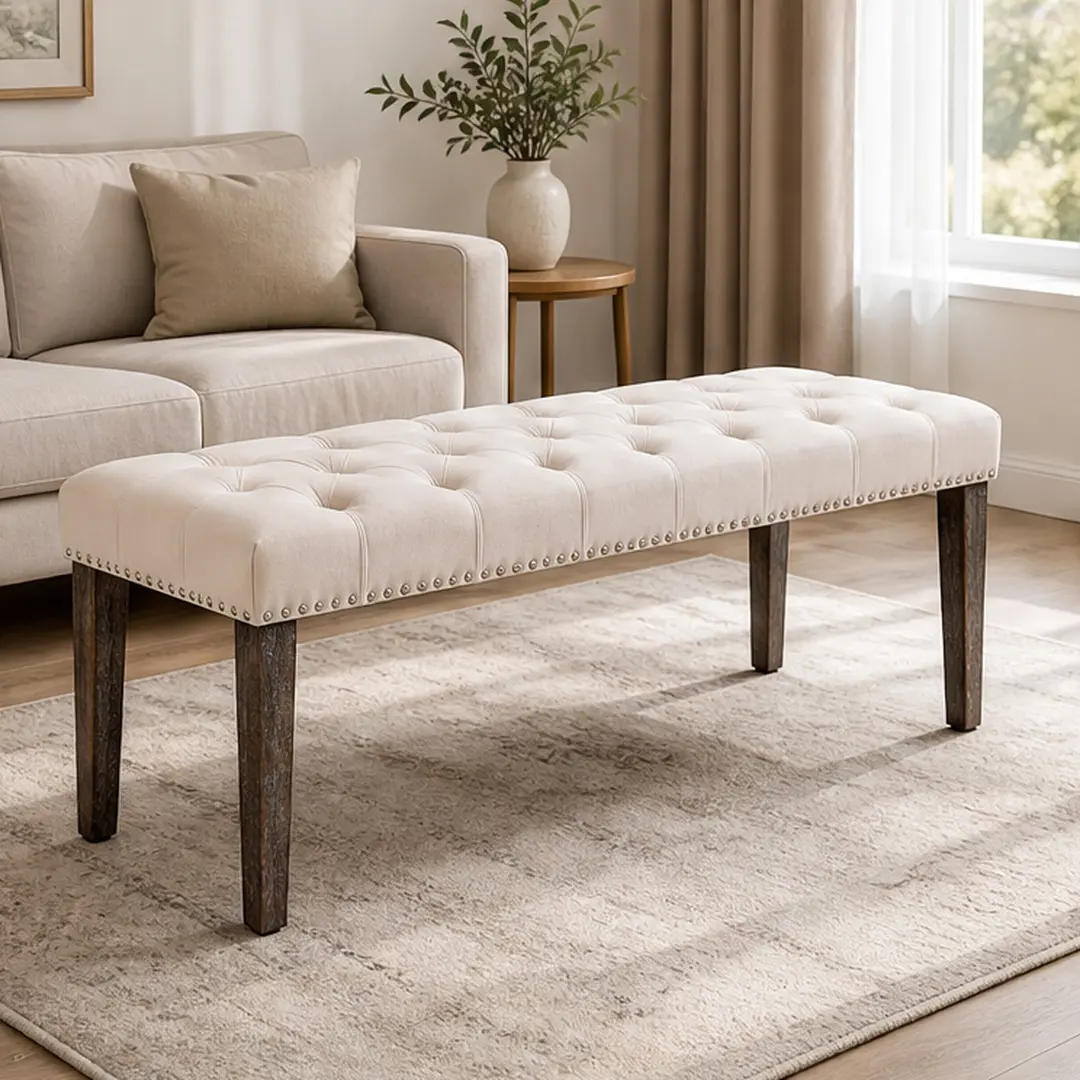 Classic ARCH Velvet Upholstered Tufted Bench Ottoman - Beige, 45.28" L x 16.93" W x 18.90" H, 17.20 lb, Sponge-Filled Cushion, Rubber Wood Legs, Floor Protection Pads, 330 lbs Capacity, Assembly Required, All Assembly Hardware, Bedroom Seating Furniture,,