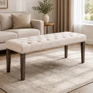 ARCH Velvet Upholstered Tufted Bench Ottoman, Beige, 45.28" L x 16.93" W x 18.90" H, Sponge-Filled Cushion, Rubber Wood Legs, Floor Protection Pads, 330 lbs Capacity, Entryway, Bedroom, Living Room, Dining Room, Hallway Seating, Beige Color Options
