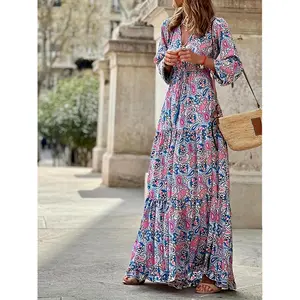 Paisley Print V Neck Maxi Dress, Boho Long Sleeve Dress For Spring & Fall, Women's Clothing