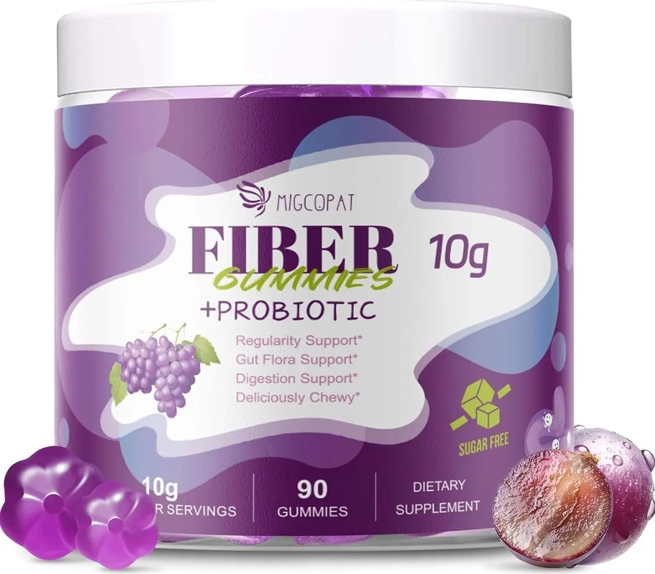 Migcopat 10G Fiber Gummies for Adults, No Sugar Added Grape Flavor, Fiber Supplement with 30 Billion CFU Probiotics Blend, ACV, Vitamin C, Inulin, Support Digestive Health, 90 Count