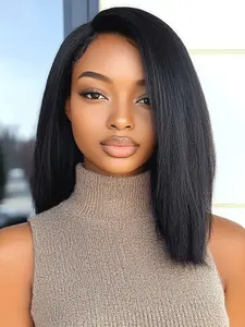 100% Human Hair Bob Wig, Natural Daily Wig – 12 Inch Kinky Straight Yaki Straight Wig Machine Made for Women – Bob Wig Ready To Wear Tangle Free Shedding Free – Soft Yaki Texture Natural Black Hair Blunt Cut – Glueless Breathable Cap Secure Fit