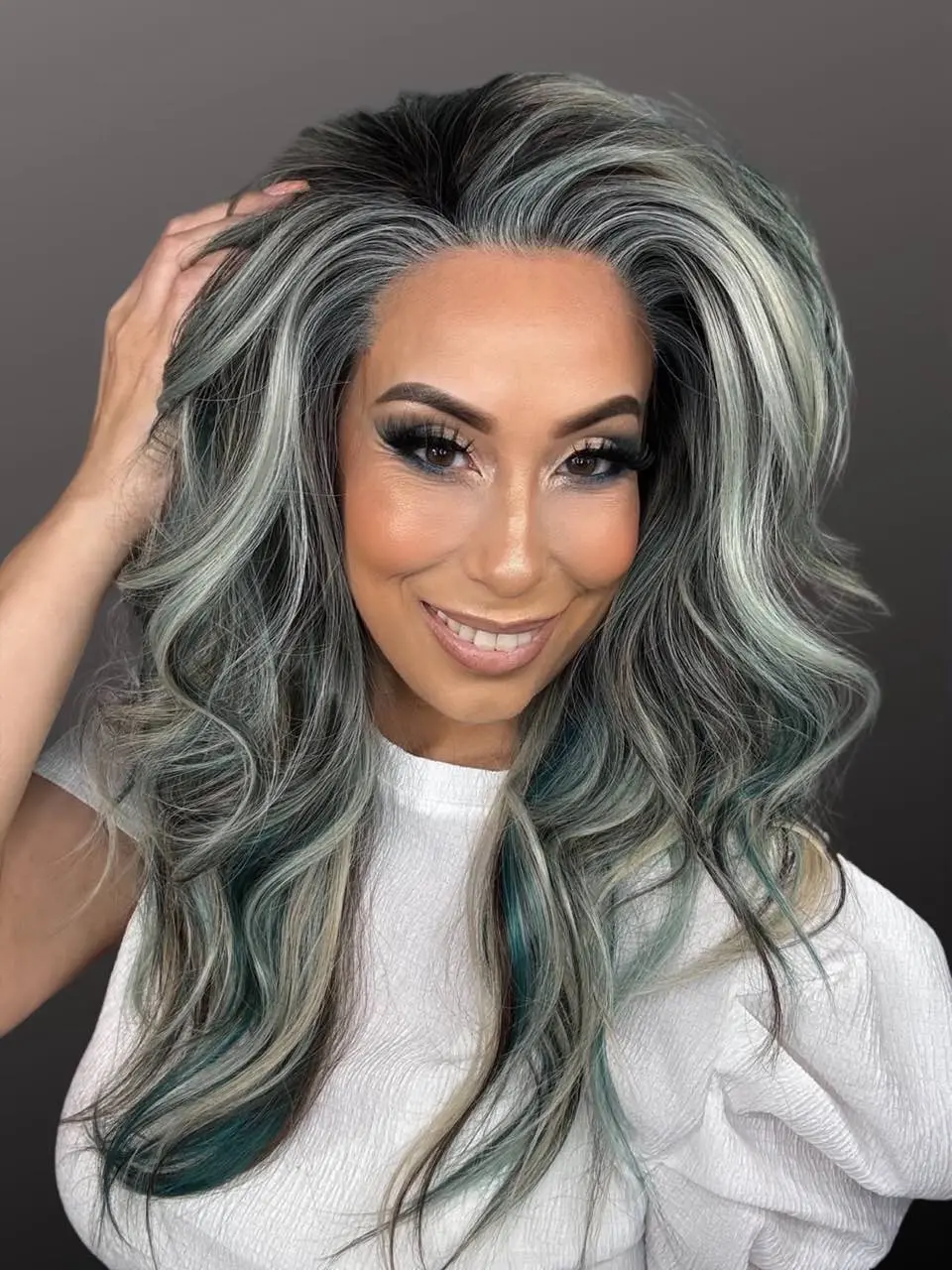 IMstyle Gracie Aquamarine Calico Teal Turquoise with Ash Blonde Highlight Ombre Rooting Ocean Wavy Glueless 13*4 Free Parting Lace Front Synthetic Wig