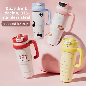 Cute Design Insulated Dual Drink Tumbler, 1000ML Stainless Steel Cup with Handle, Leak-Proof Daily Use Mug, Perfect for Beverages, Insulated Drinkware
