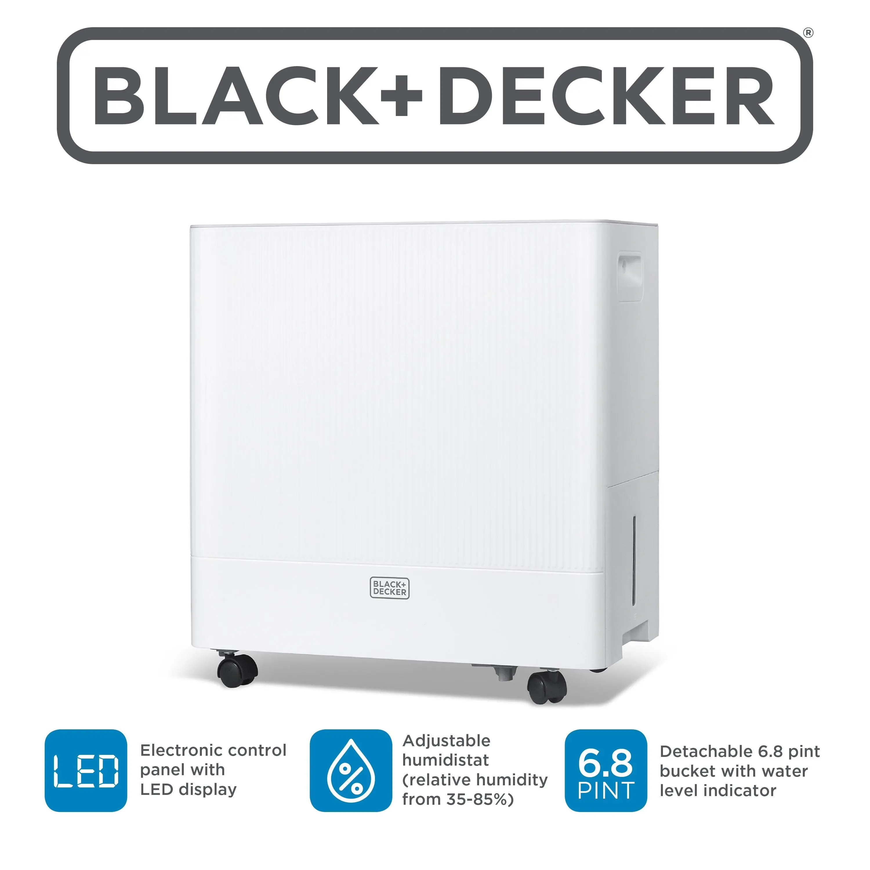 BLACK+DECKER White Portable Dehumidifier (BDM22WCDA) - 22.27-Pint/24-Hour Extraction, 1500 Sq. Ft. Coverage, 6.8-Pint Bucket, Energy Star 6.0 Certified, Adjustable Thermostat