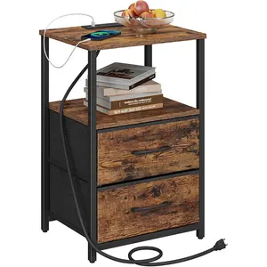 End Table with Charging Station, Night Stand, Side Table with 2 USB Ports and Outlets, Nightstand with Cloth Drawer, Bedside Table for Livingroom, Bedroom Brown TB01BB088