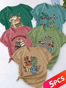 Women's 5-Pack Casual Crew Neck T-Shirt, Book & Butterfly, Butterfly Branch, Book Slogan,t, Multiple Colors Available, Machine Washable, Spring & Summer Top, Soft Skin-Friendly Fabric, Daily Versatile, Fashion Design