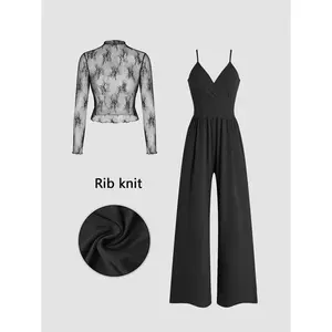 Women'sSolidLaceTee&PocketOverallsJumpsuitSet,FittedElegantZipperBackCamiJumpsuit&LongSleeveTopforDailyOutdoorWear,Women'sSoftClothingforLadySpring&Fall,MinimalistMatchingSetOutfit,BreathableWomenswear