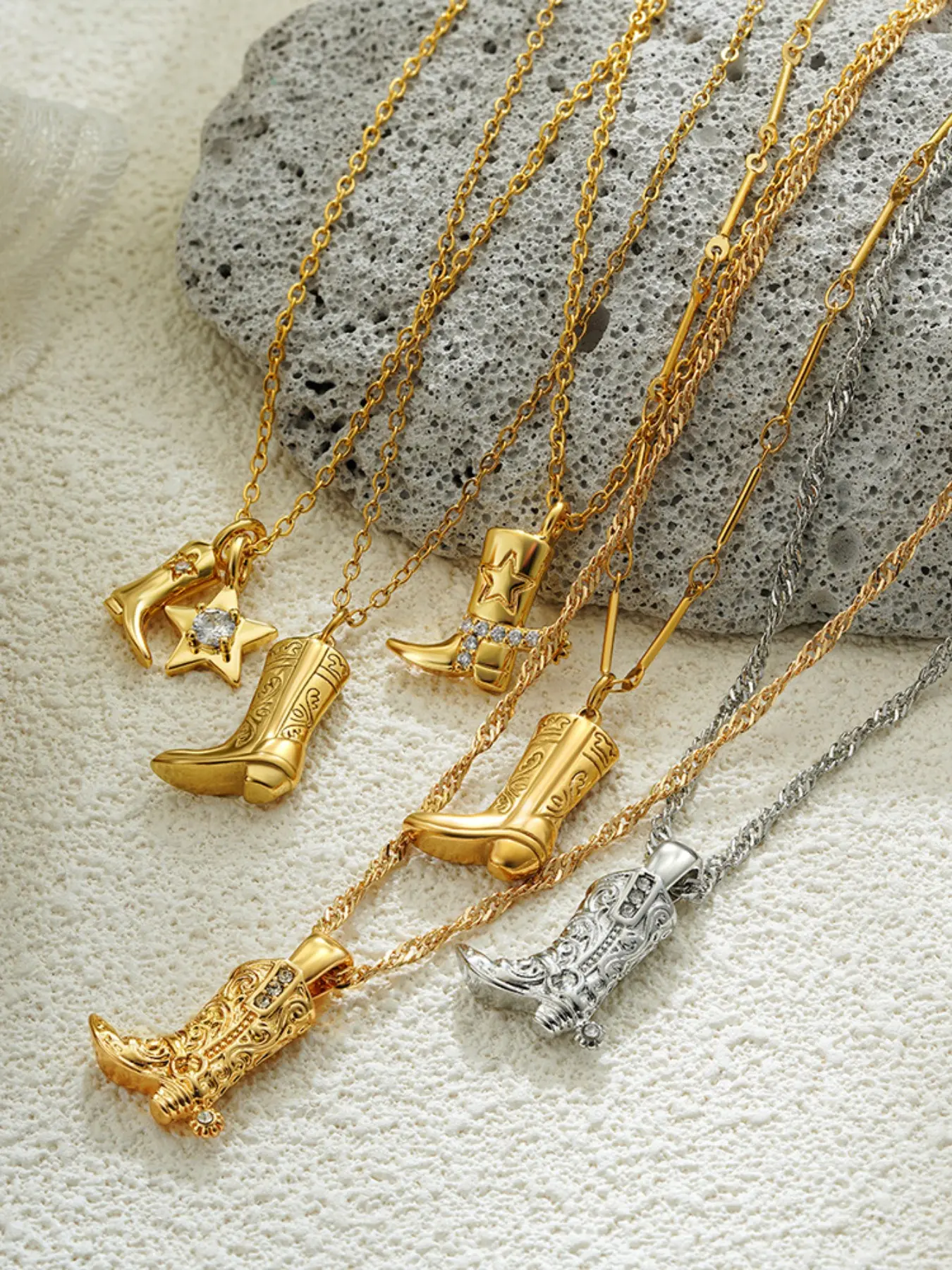 Stainless Steel Boot Pendant Necklace, Western Cowboy Style Gold Plated Zirconia Choker, Whimsical Necklace, Waterproof Fashion Jewelry for Women