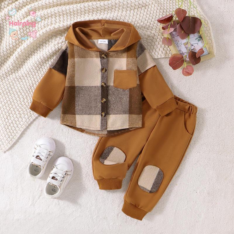Little Boy Girl Pants Set, Contrast Color Plaid Long Sleeve Button-up Hoodie Trousers Outfits, Casual Baby Girls Set