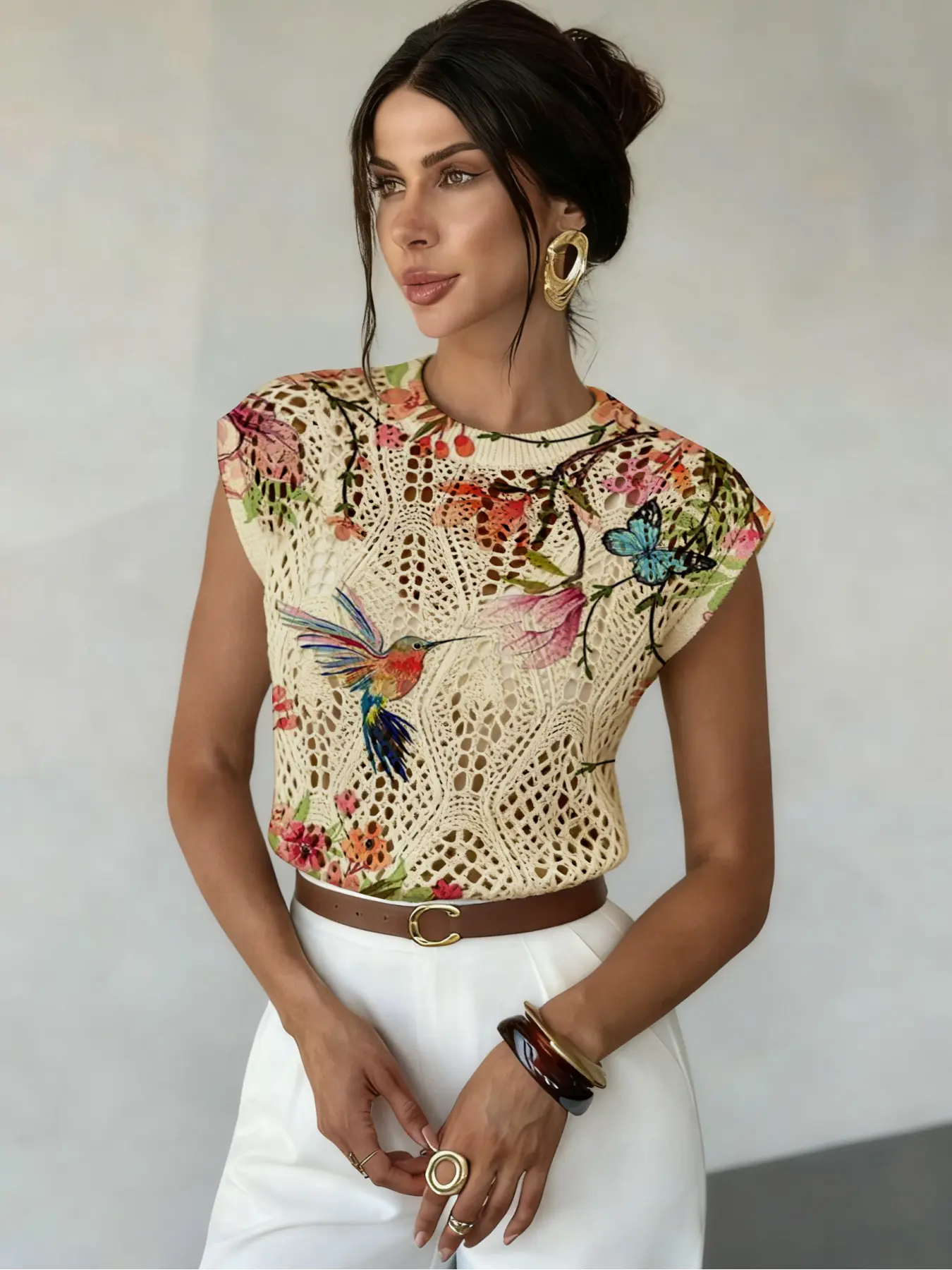 Floral Butterfly Print Round Neck Sweater, Elegant Casual Chic Fitted Sleeveless Knitwear for Spring Summer Fall, Comfortable Warm Women's Clothing, Elegant Classy Tops, Knitted Top