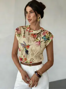 Floral Butterfly Print Round Neck Sweater, Elegant Casual Sleeveless Knitwear for Spring Summer Fall, Comfortable Warm Women's Clothing