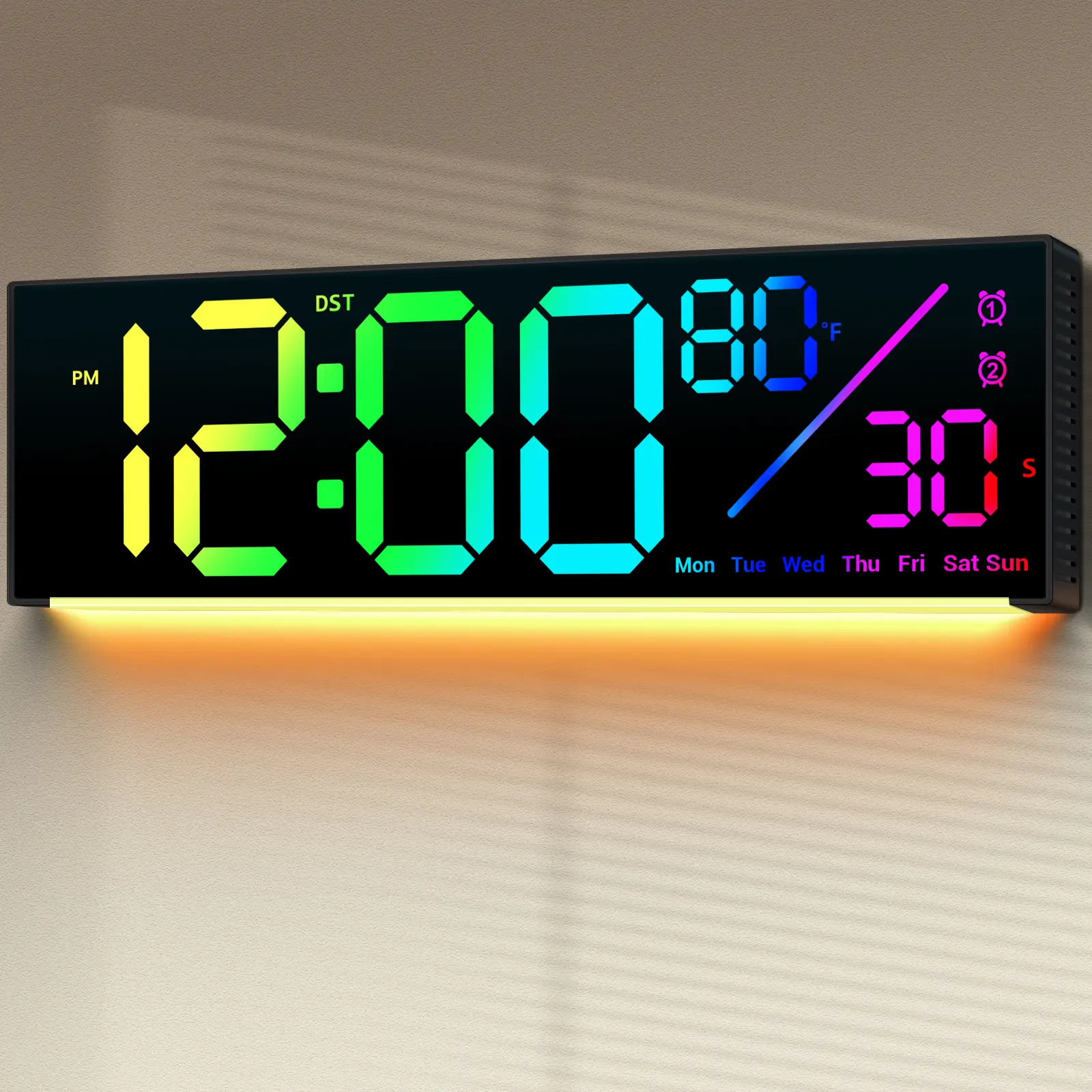12" Digital Wall Clock - LED-Style Self-Luminous Clock with 11 RGB Color Changing Remote Control, Night Light, Auto DST, for Living Room, Bedroom Home Decor Office Supplies, Digital Clock, Led-Style Wall Clocks