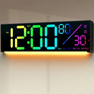 12" Digital Wall Clock with 11 RGB Colors Changing Remote Control LED Clocks Night Lights for Living Room Bedroom Office Classroom Decor Auto DST Multicolor Display