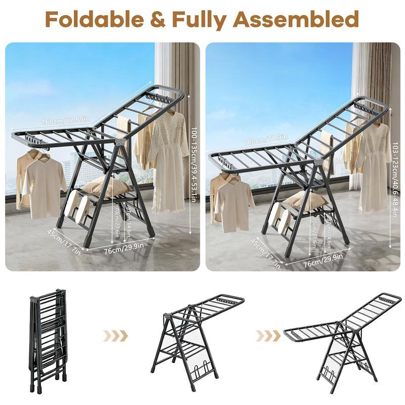 Foldable Indoor and Outdoor Clothes Drying Rack with Height-Adjustable Wings, 3-Tier Laundry Drying Rack with Windproof Hanging Holes and Wheels, 132 lbs Weight Capacity