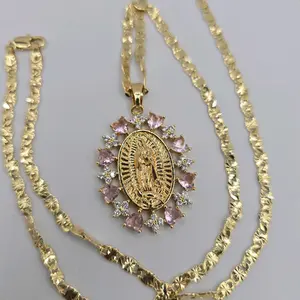 VIRGIN MARY beautiful necklace hearts with roses  pink & clear stones chain REGULAR  style 24"inches