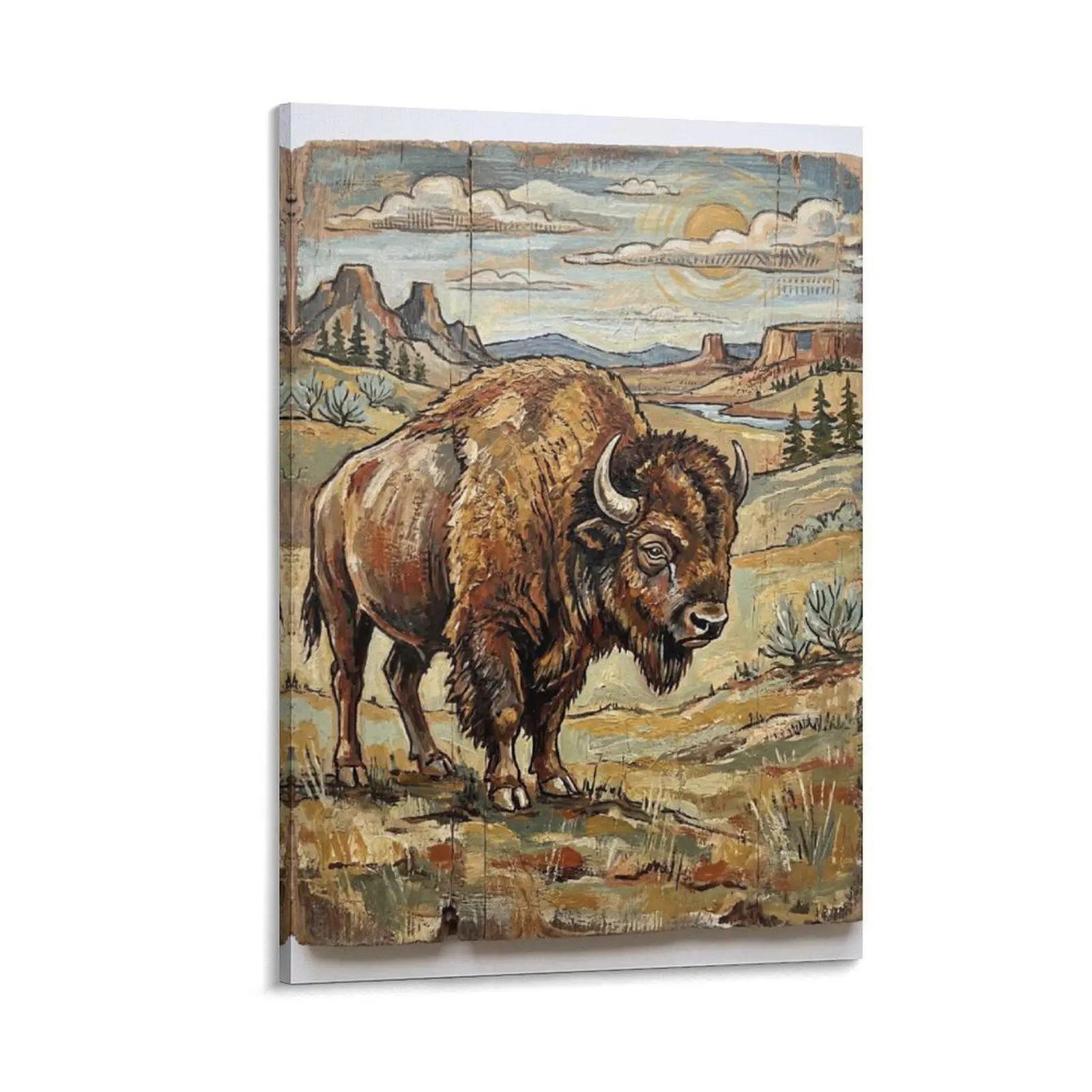 1pc Rustic Wood Wall Art - Colorful Bison Scene Animals Print, Decorative Home Supplies, Vintage Home Decor for Living Room, Office
