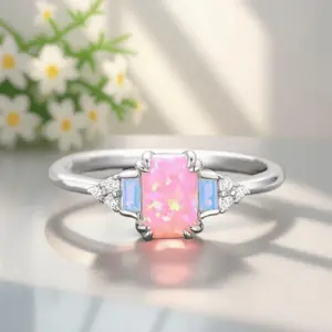 Stylish Elegant Square Pink-White Synthetic Opal Ring | Bridal Engagement/Wedding Anniversary Birthstone Jewelry, Luxury-Style Valentine's/Thanksgiving/Mother's Day Gift, Women's Daily Accessory