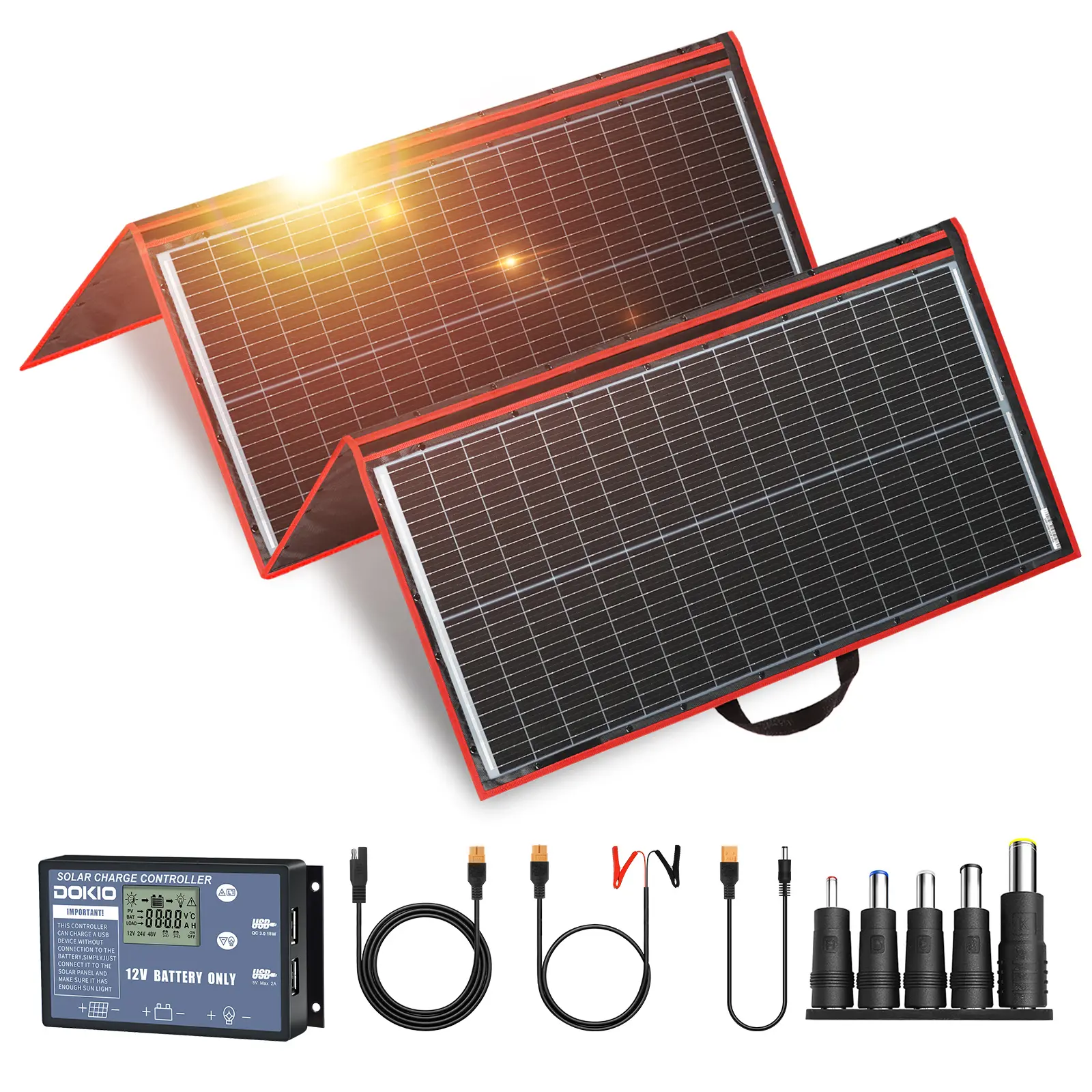 DOKIO 295W 18V Portable Foldable Outdoor Solar Panel Kit (200 W & above), 21x41x1.1 inch Slim Design for Easy Carry, 17lb with PWM Smart Controller, 2 USB Outputs, Reverse Polarity Protection for 12V Batteries, RV Camping Trailer Power on the Go
