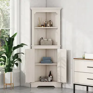 28.3*15.4*69.4 Inch Beige Tall Corner Storage Cabinet MDF Particle Board 2 Open Shelves Closed Cabinet Rounded Corner Design 10LBS Per Shelf Easy Assembly for Bathroom Living Room Bedroom Laundry Room