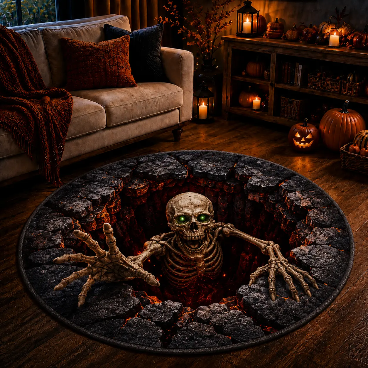 3D Halloween Spider Abyss Round Rug, Spooky Optical Illusion Checkerboard Floor Mat, Soft Non-Slip Area Rug for Living Room, Bedroom & Halloween Party Decor