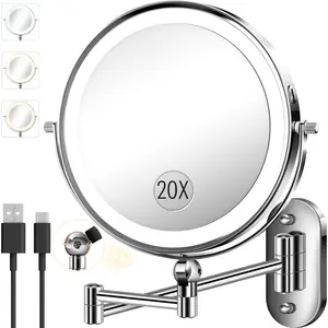 9" Wall Mounted Makeup Mirror with Light, 20X/1X Height Adjustable Double Sided Magnifying Bathroom Lighted Mirror, 3 Color Touch Dimmable Extended Arm 360 Rotation Light up Magnification Mirrors