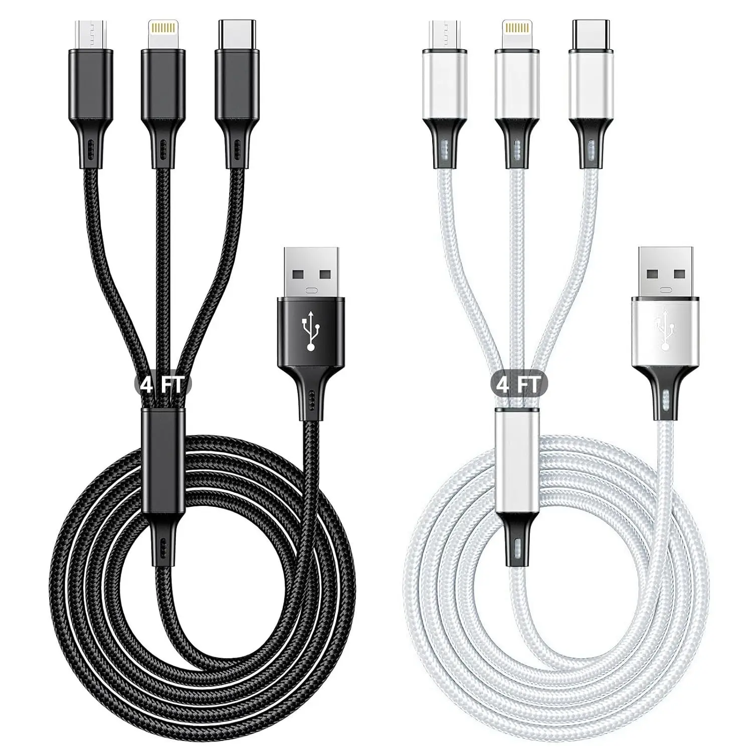 Multi USB Charging Cable 3A, 3 in 1 Charger Cord Connector with Dual Phone/Type C/Micro USB Port Adapter, Compatible with Tablets iPhone 14 13 12 Pro 8 7 Samsung Galaxy (4FT/2Pack Charging Only)