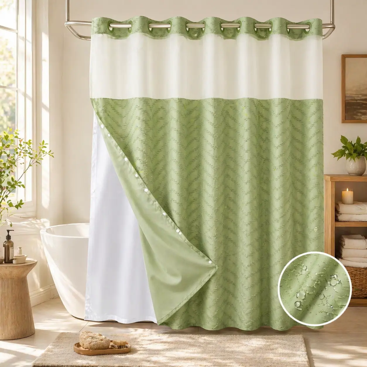 Green Hook-Free Boho Tufted Chevron Striped Shower Curtain with Snap-In Magnetic Liner, Modern Textured, Sheer Window, Waterproof 3-in-1 Set
