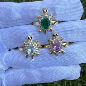 Adjustable Turtle Ring with Gemstone Centerpiece and Coord adjustable Fit