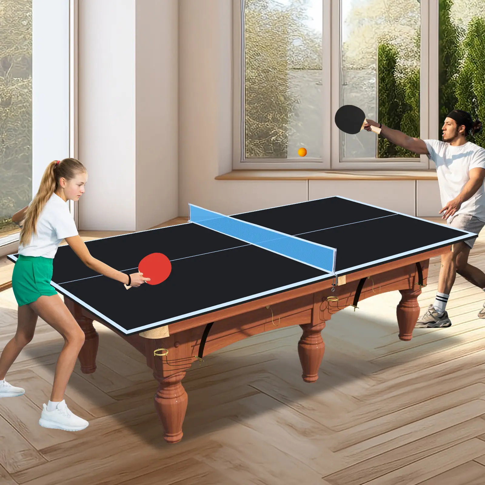 SAVEYOUR Foldable Table Tennis Conversion Top, 8ft Black Mid-Size Portable Ping Pong Table Top, Space-Saving Indoor Game Top for Home & Daily Entertainment