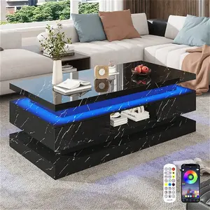 47.2 Inch Modern High Glossy LED Coffee Table With 2 Sliding Drawers, Double-Layer Center Tables With USB Powered LED Lights For Livings Room Furniture
