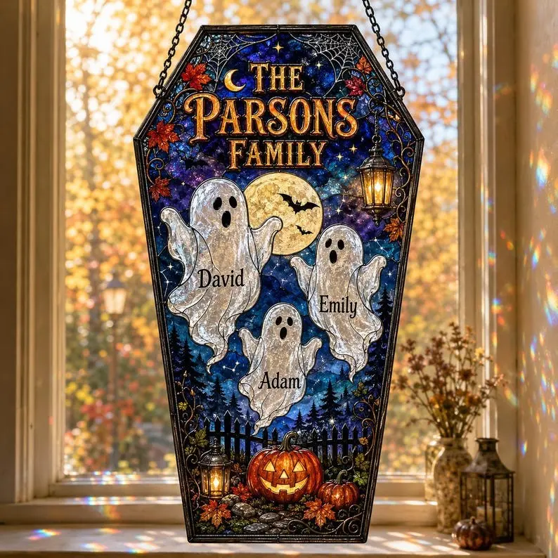 Personalized Ghost Family Suncatcher, Custom Name Halloween Stained Glass, Coffin Window Hanging, Spooky Family Gift