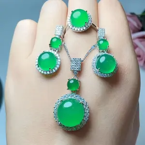 Natural Emerald Jewelry Three-Piece Set, Ring, Necklace and a Pair of Earrings, 925 Silver Inlaid Natural Emerald, Noble and Luxurious, with Exquisite Gift Box