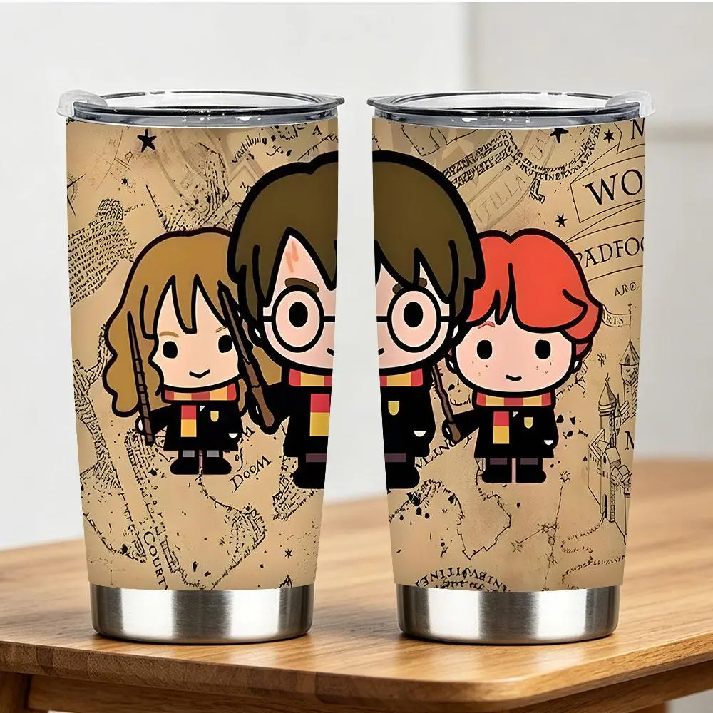 Cute cartoon wizard trio vintage map tumbler, 1 pc, 12 oz/18 oz/20 oz/30 oz/40 oz, magical wizard friends insulated stainless steel cup, gift for fantasy movie fans
