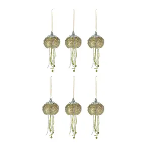 Set of 6 Elegant Golden Sea Urchin Shell Hanging Ornaments Beaded Accents