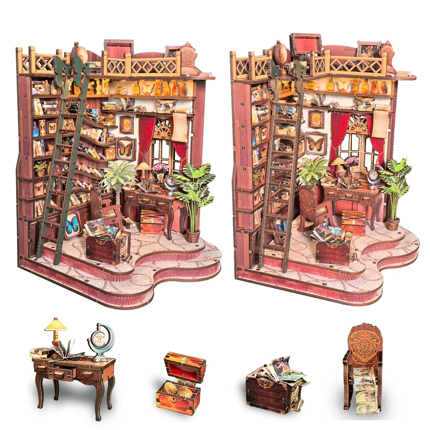 DIY Wooden Miniature Library House Kit with LED Light, 3D Wooden Model Building Set for Adults, DIY Cottage Assembly Toy, Miniature Room Craft Kit, Creative Gift for DIY Lovers and Collectors
